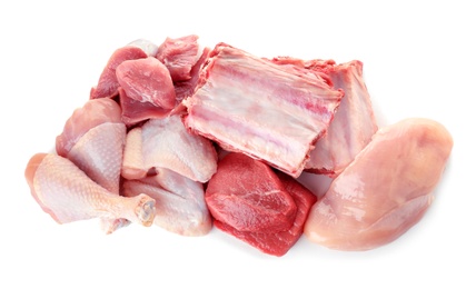 Photo of Various raw meats on white background, top view