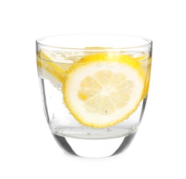 Soda water with lemon slices isolated on white