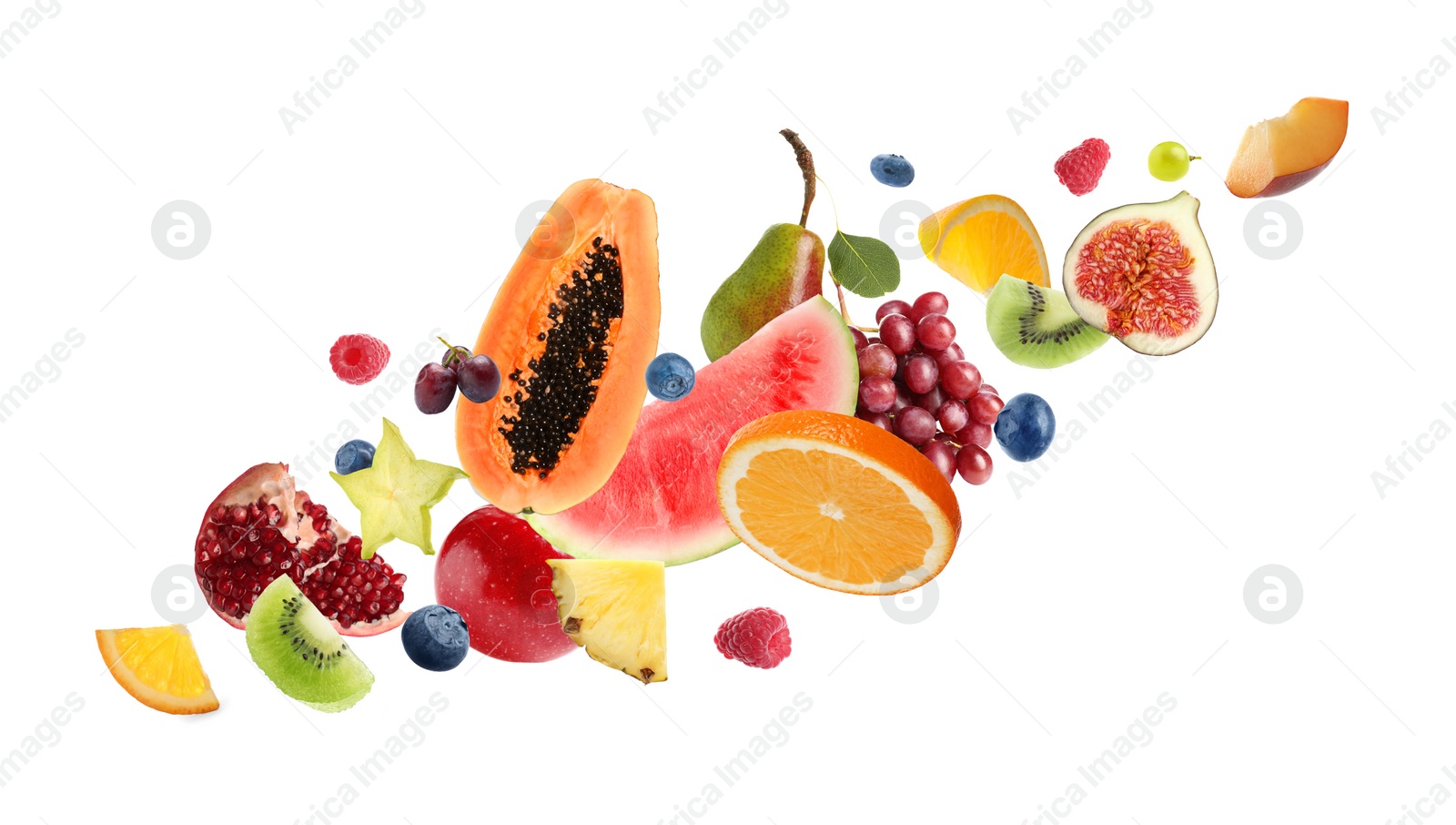 Image of Set of different cut fresh fruits and berries on white background