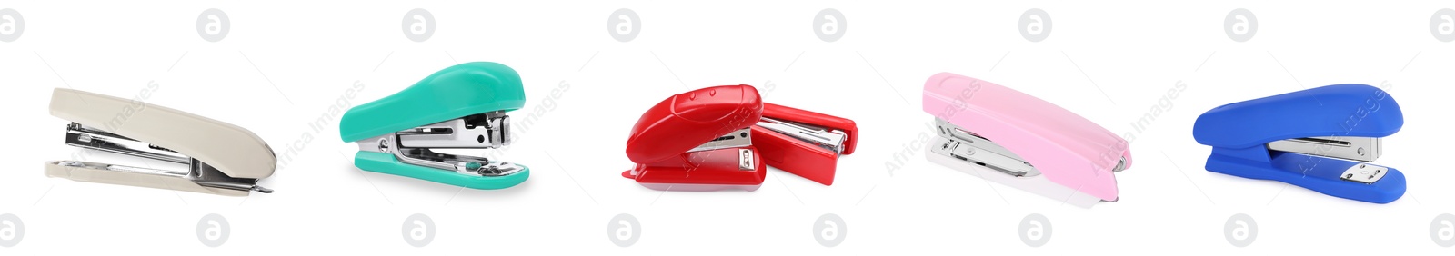 Image of Different colorful staplers isolated on white, collection