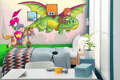 Image of Kid's room interior with comfortable bed and other furniture. Fairytale themed wallpapers with dragon, knight and princess