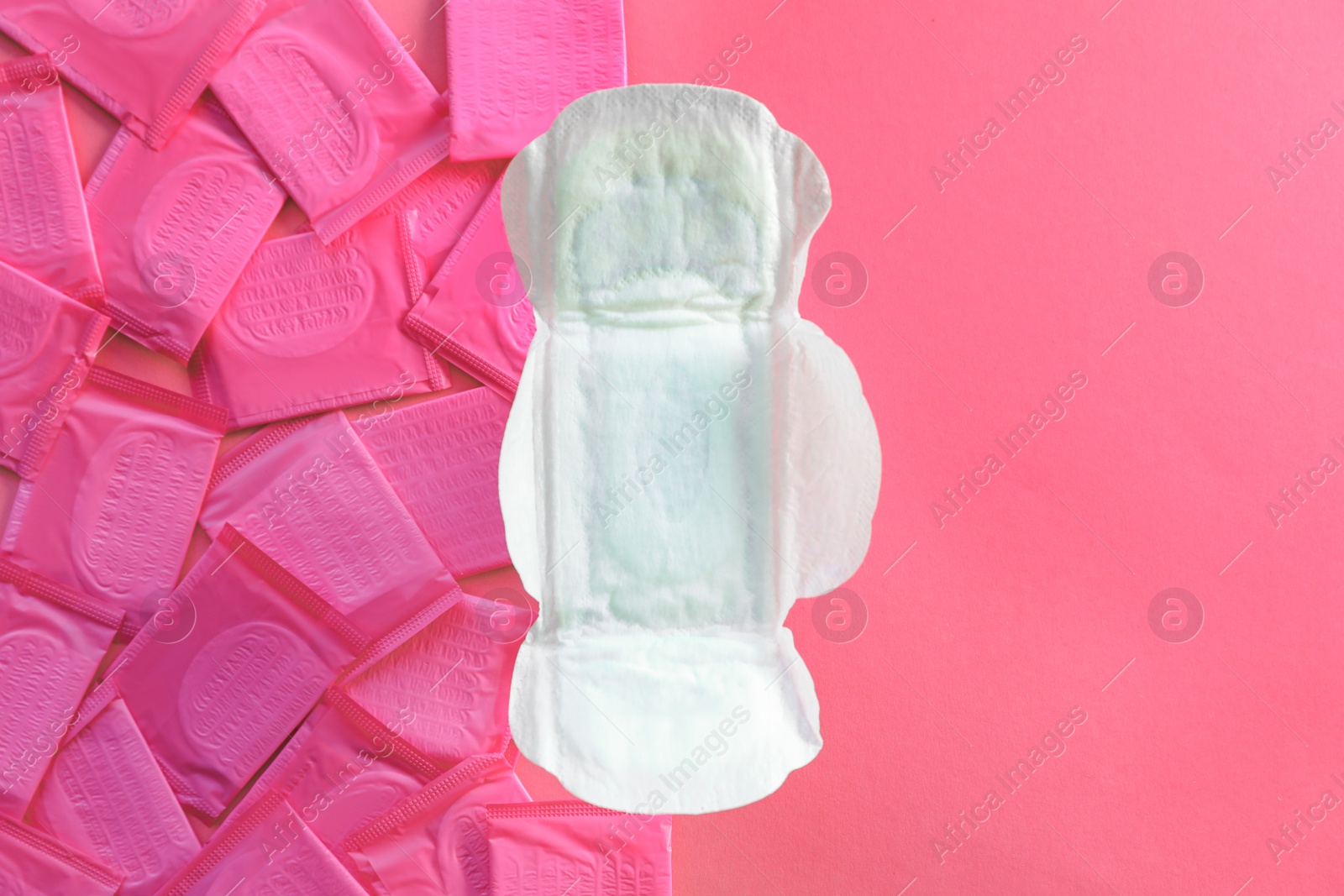 Photo of Flat lay composition with menstrual pads on color background. Gynecological care