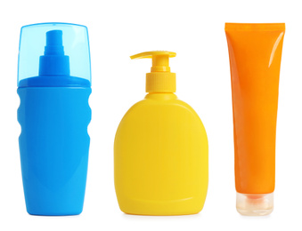 Image of Set with sun protection cosmetic products on white background
