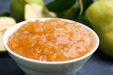 Photo of Closeup view of tasty homemade pear jam