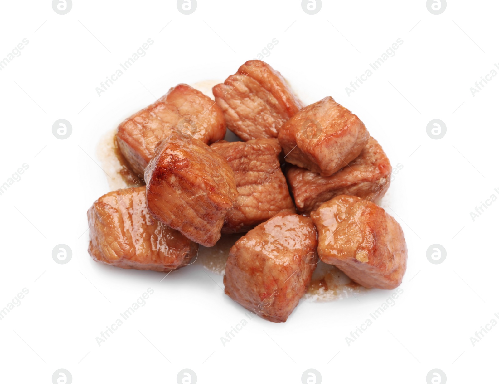 Photo of Pieces of delicious cooked beef isolated on white. Tasty goulash