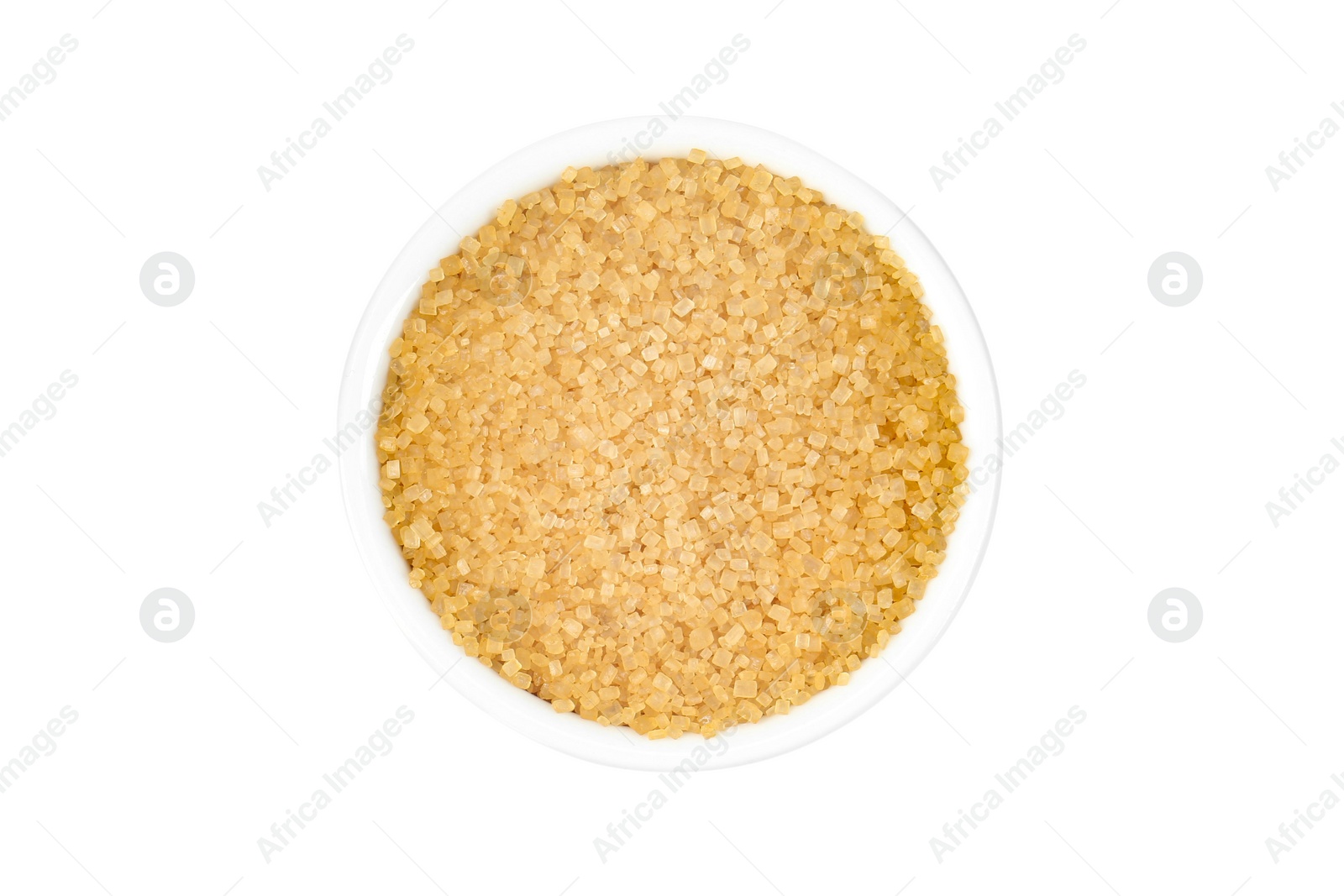 Photo of Brown sugar in bowl isolated on white, top view