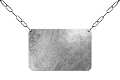 One metal signboard hanging on chain against white background. Space for text