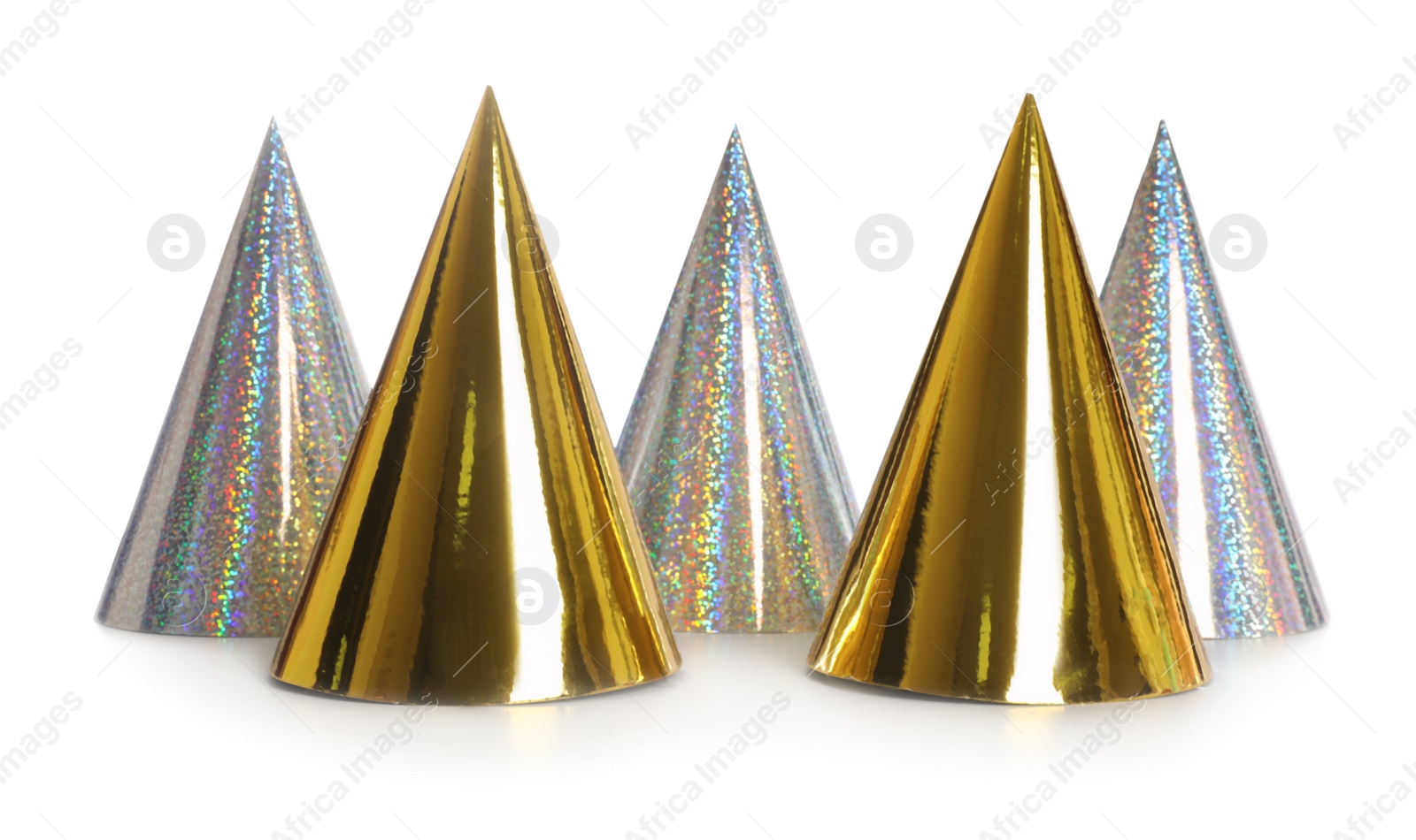 Photo of Bright birthday party hats on white background