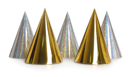 Photo of Bright birthday party hats on white background