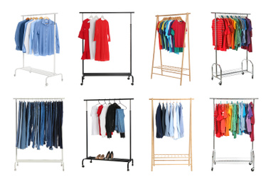 Image of Set of wardrobe racks with different clothes on white background