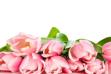 Photo of Beautiful pink spring tulips on white background, closeup