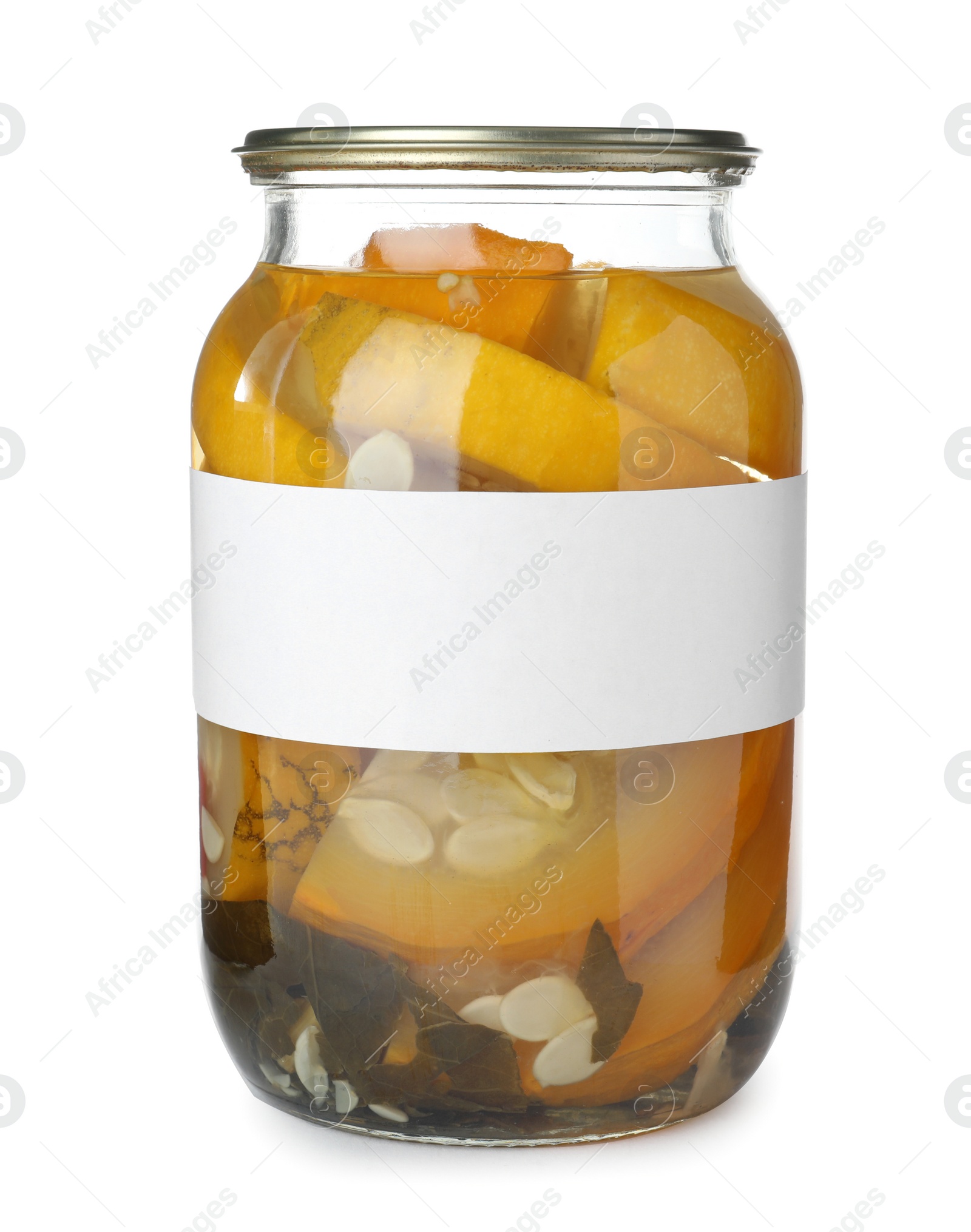 Photo of Jar of pickled yellow sliced zucchini with blank label on white background
