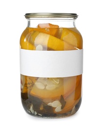 Jar of pickled yellow sliced zucchini with blank label on white background