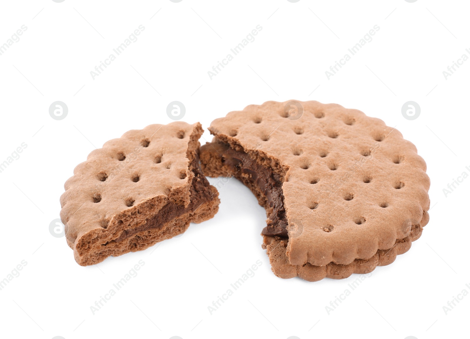 Photo of Broken tasty chocolate sandwich cookie with cream on white background