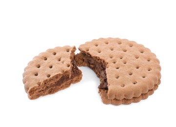 Photo of Broken tasty chocolate sandwich cookie with cream on white background