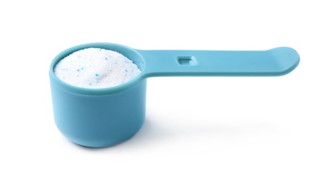 Photo of Measuring spoon with laundry powder isolated on white