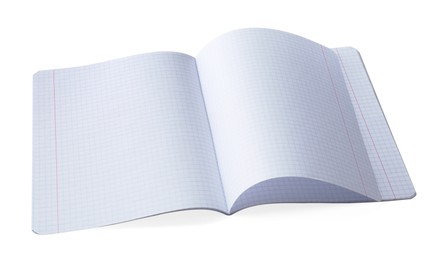 Photo of Open copybook with checkered sheets of paper on white background