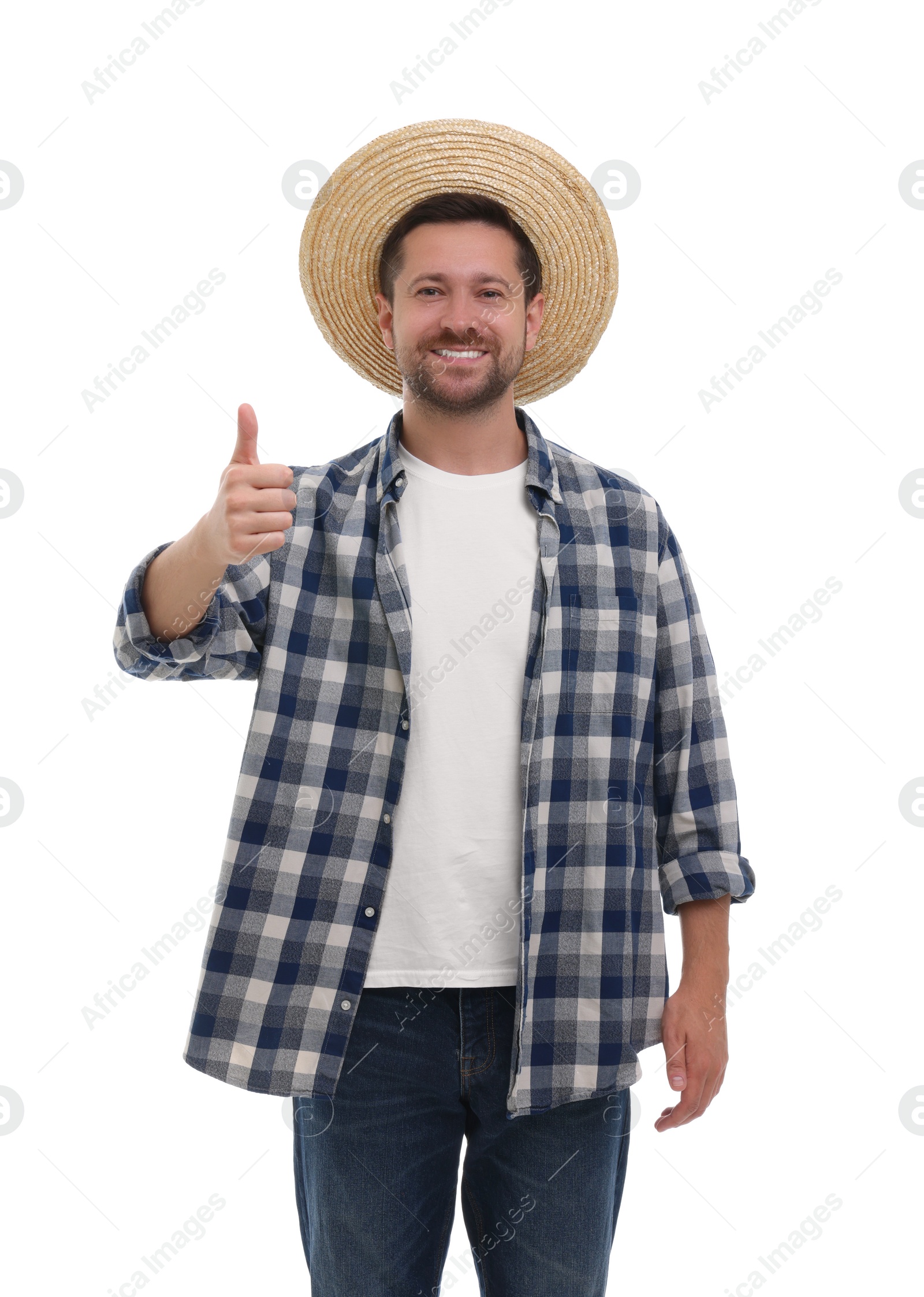 Photo of Harvesting season. Happy farmer showing thumb up on white background