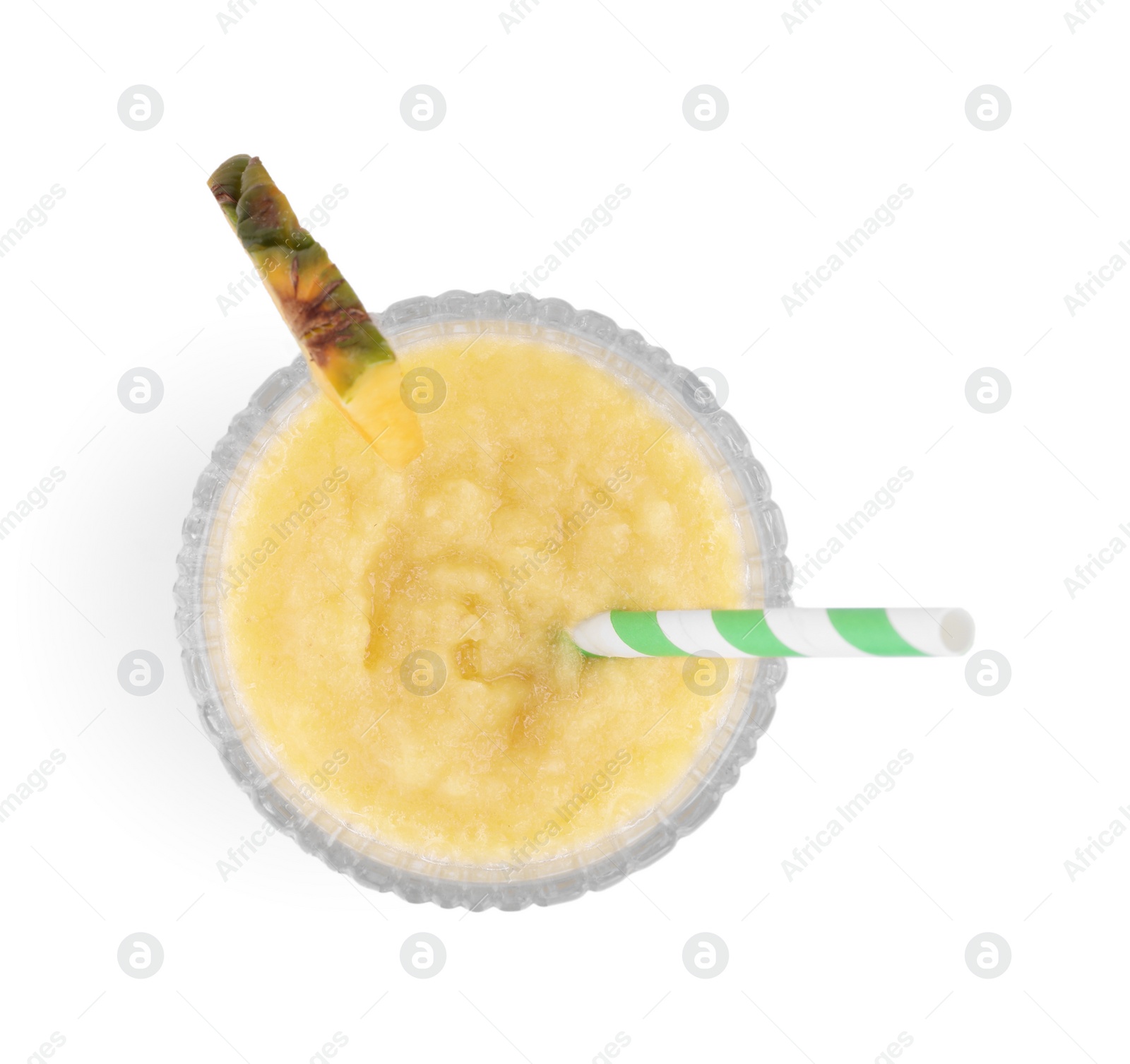 Photo of Glass of tasty pineapple smoothie isolated on white, top view