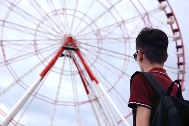 Photo of Teenage boy near large Ferris wheel outdoors, back view. Space for text