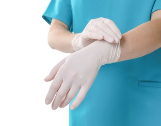 Photo of Doctor wearing medical gloves on white background, closeup