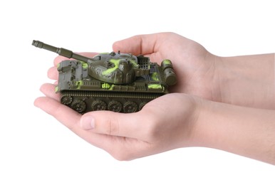 Photo of Man with toy tank on white background, closeup