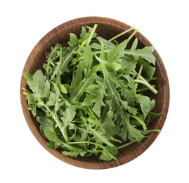 Delicious fresh arugula in wooden bowl isolated on white, top view