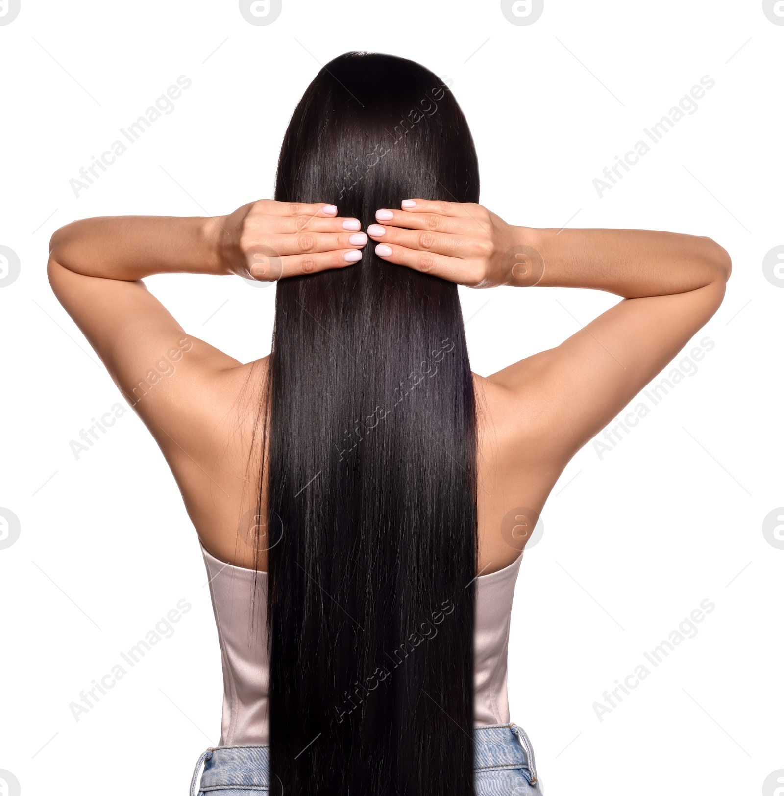 Photo of Woman with strong healthy hair on white background, back view