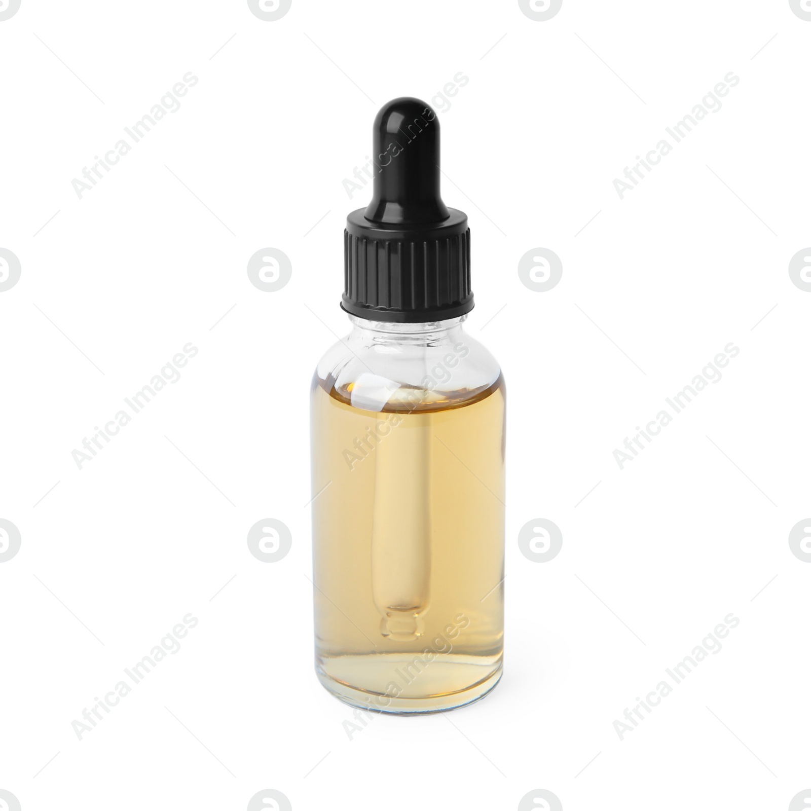 Photo of Glass bottle of essential oil and pipette on white background