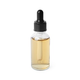 Photo of Glass bottle of essential oil and pipette on white background