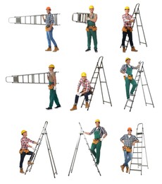 Image of Collage with photos of carpenters and metal ladders on white background