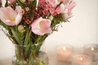 Beautiful bouquet with spring pink tulips, closeup