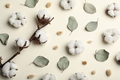 Flat lay composition with cotton flowers on beige background