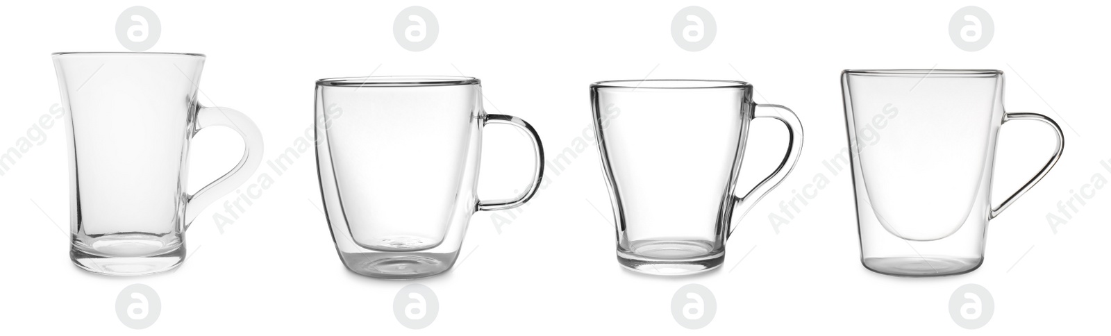 Image of Set with different beautiful cups on white background. Banner design