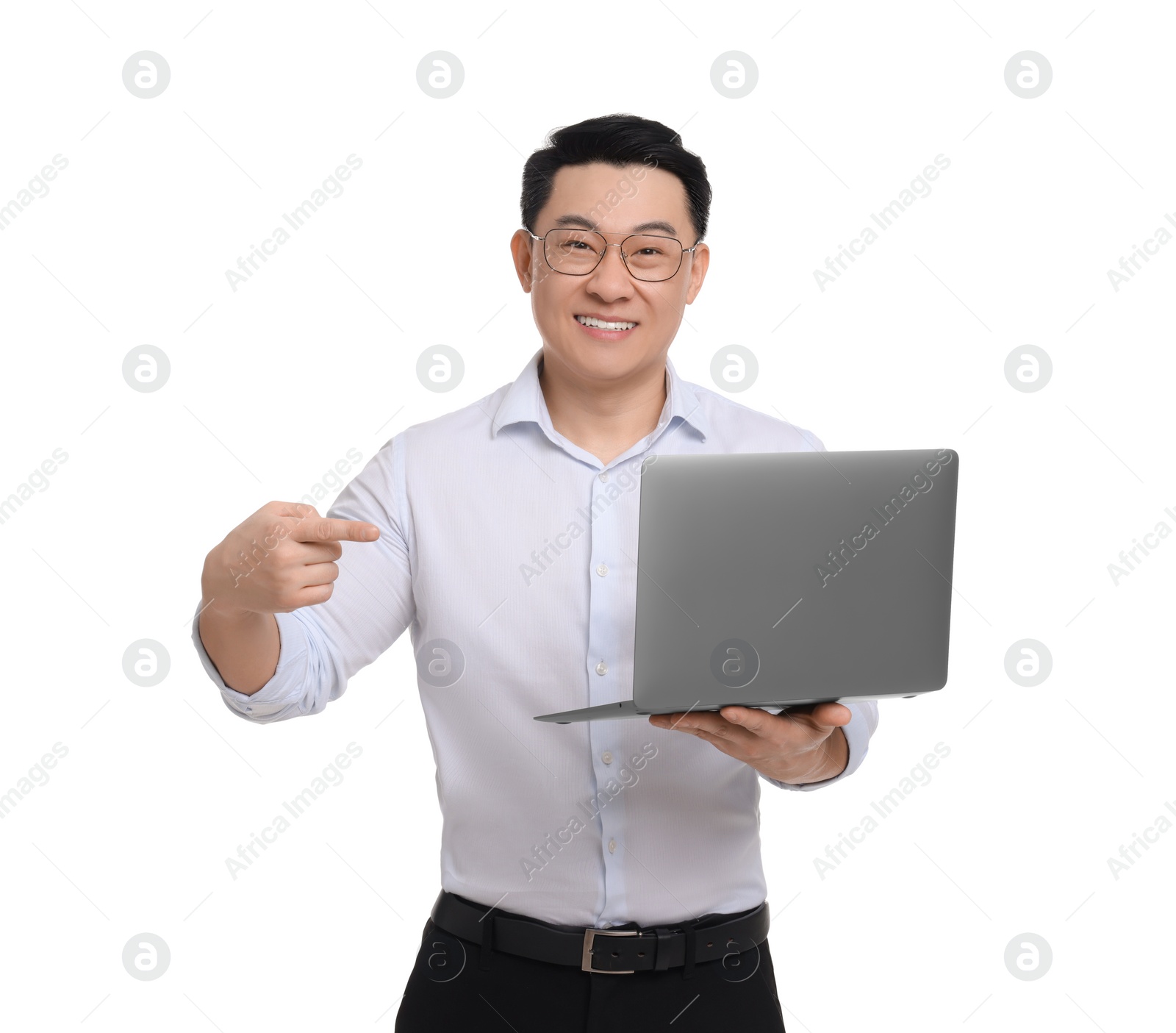 Photo of Businessman in formal clothes with laptop on white background