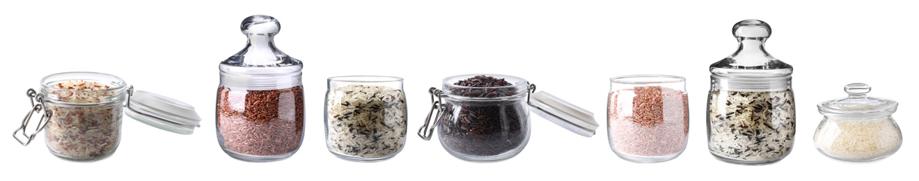 Image of Set with different types of rice in jars on white background. Banner design