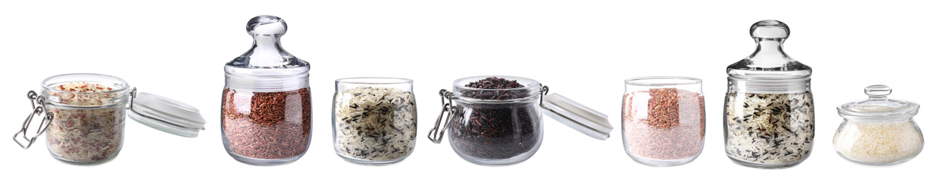 Set with different types of rice in jars on white background. Banner design