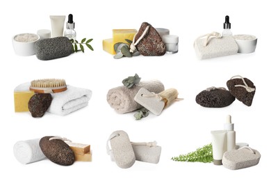 Image of Set with pumice stones and cosmetic products on white background
