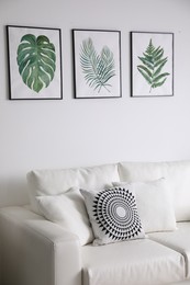 Photo of Beautiful paintings of tropical leaves over sofa in living room