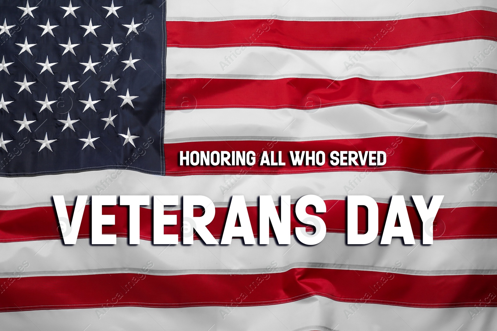 Image of Veterans day. Honoring all who served. American flag as background, closeup