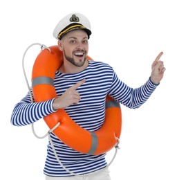 Photo of Happy sailor with orange ring buoy pointing on white background