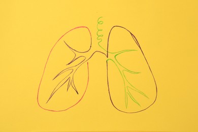 Photo of Human lungs drawn in different colors on yellow background, top view. Influence of unhealthy lifestyle