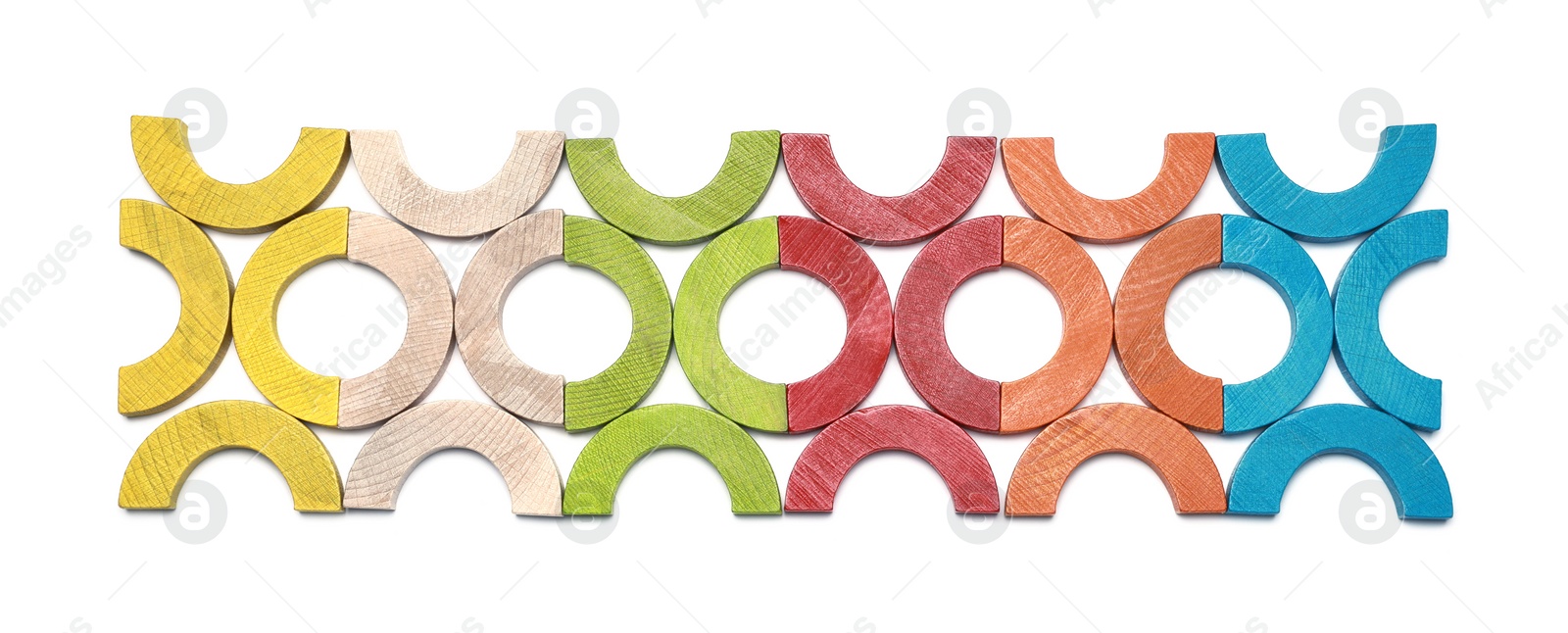Photo of Colorful wooden pieces of play set isolated on white, top view. Educational toy for motor skills development
