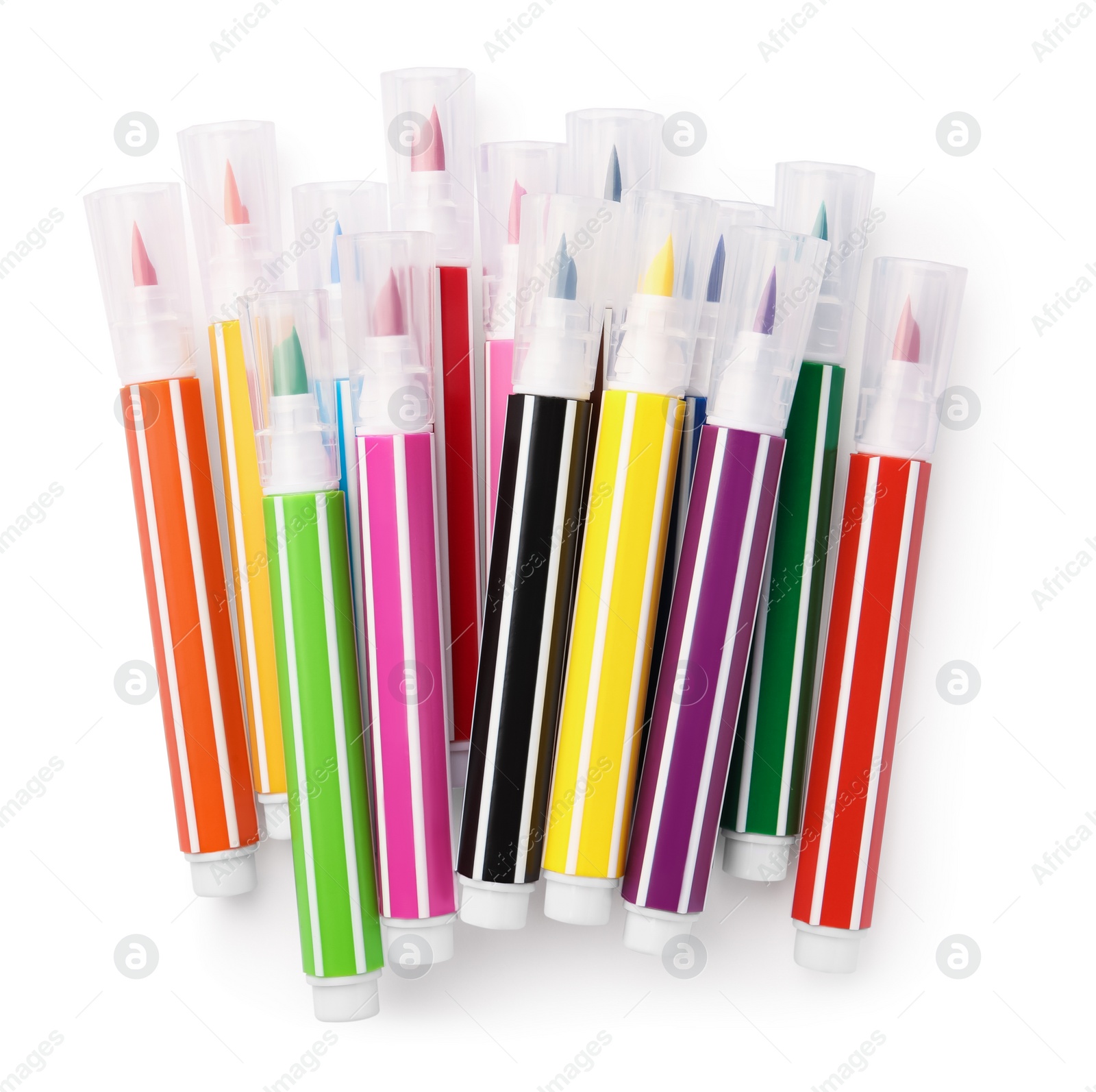 Photo of Many bright markers isolated on white, top view