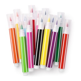 Many bright markers isolated on white, top view