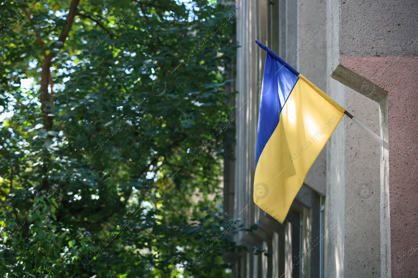 Photo of National flag of Ukraine on building wall outdoors