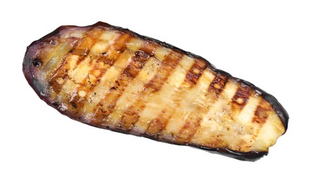 Photo of One slice of tasty grilled eggplant isolated on white, top view
