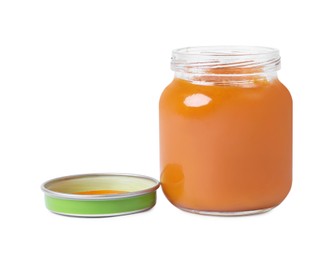 Photo of Glass jar with healthy baby food isolated on white