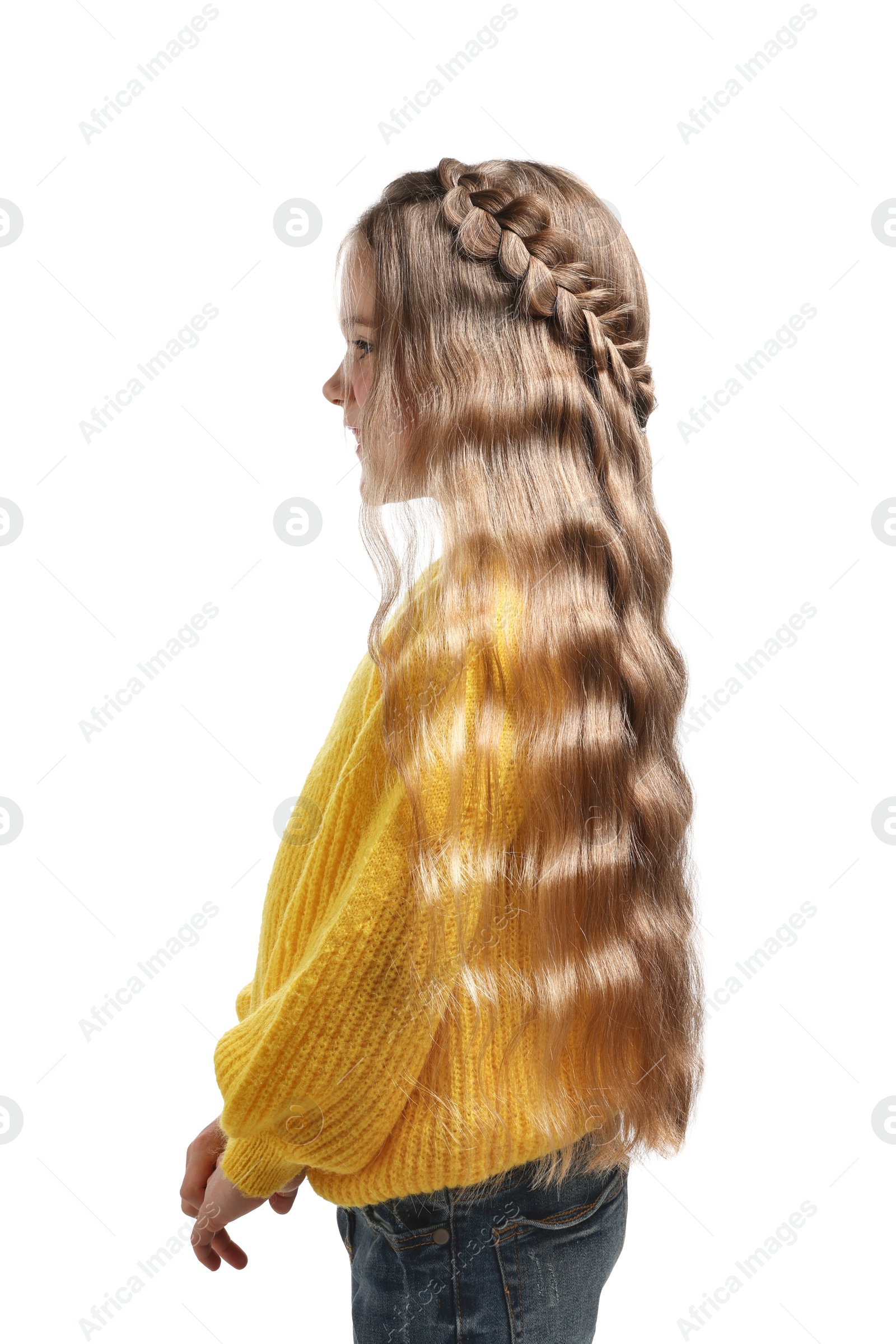 Photo of Cute little girl with braided hair on white background