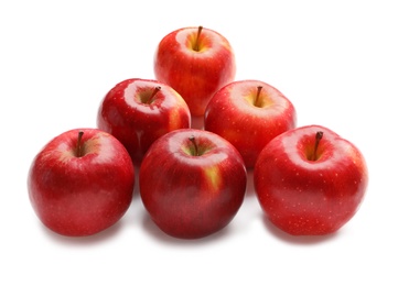 Photo of Ripe red apples on white background